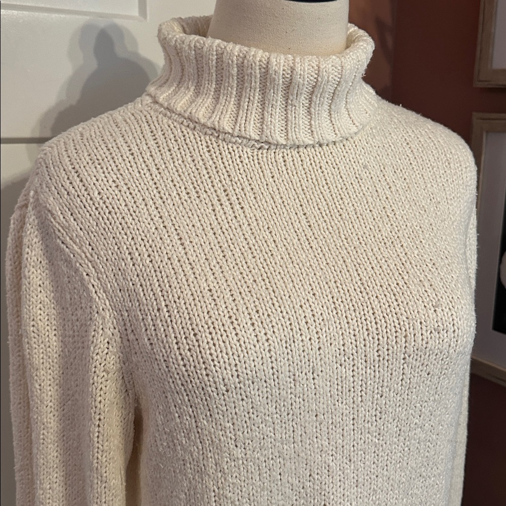 Eileen Fisher Peruvian organic cotton rolled hem M Cream Turtleneck Sweater - Picture 2 of 12